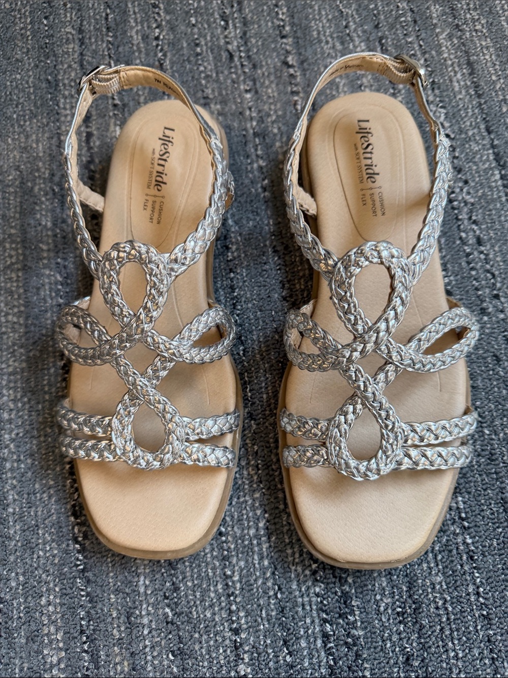Life Stride Silver Braided Slingback Sandals Size 7W